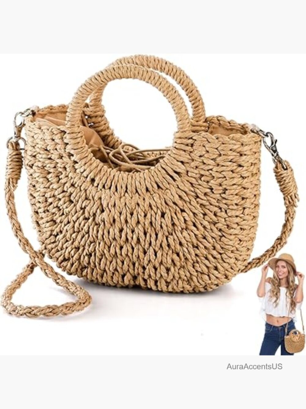 Mini Semi-Circle Straw Handbag Woven Crossbody Clutch Tote